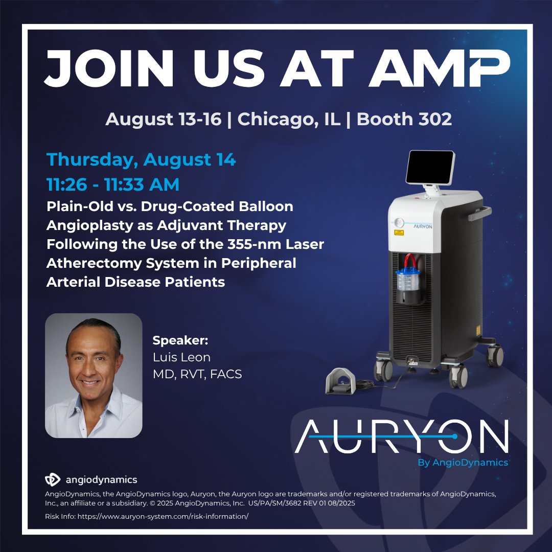AngioDynamicsCV's tweet image. 🎉Dr. Luis Leon will present late-breaking data on August 14 at #AMP2025, exploring POBA vs. DCB as adjunctive therapy following use of the #AuryonLaserSystem. 

Visit the #Auryon team at Booth 302. 

▶️ bit.ly/47aRiYV

@AMPSymposium

Risk: bit.ly/3IOQLC2
