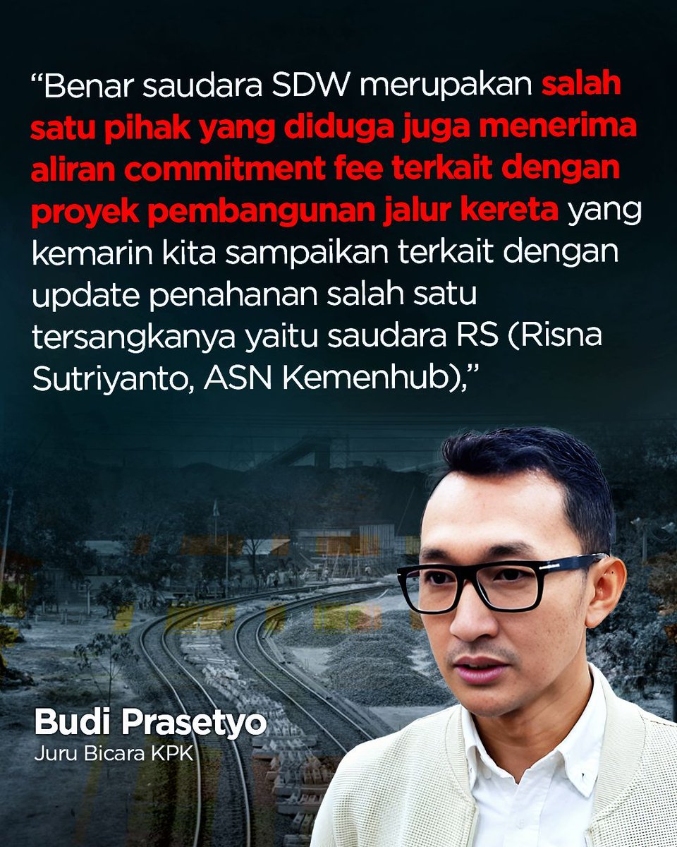 kanalsa_id's tweet photo. KPK memastikan Bupati Pati, Sudewo menjadi salah satu pihak yang diduga menerima aliran uang dugaan korupsi proyek rel kereta api di Jawa Tengah.

Jubir KPK Budi Prasetyo mengatakan penanganan kasus dugaan suap terkait proyek pengadaan barang dan jasa di DJKA Kemenhub. https://t.co/phhb57B9fS
