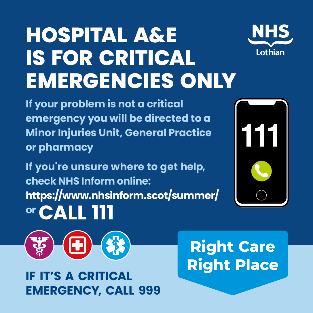 Our hospital A&amp;Es are for critical emergencies only 🏥 If you turn up and you don’t need to be there, you will be directed to a Minor Injuries Unit, General Practice or pharmacy. Make sure you know where to go ➡️ services.nhslothian.scot/rightcare/