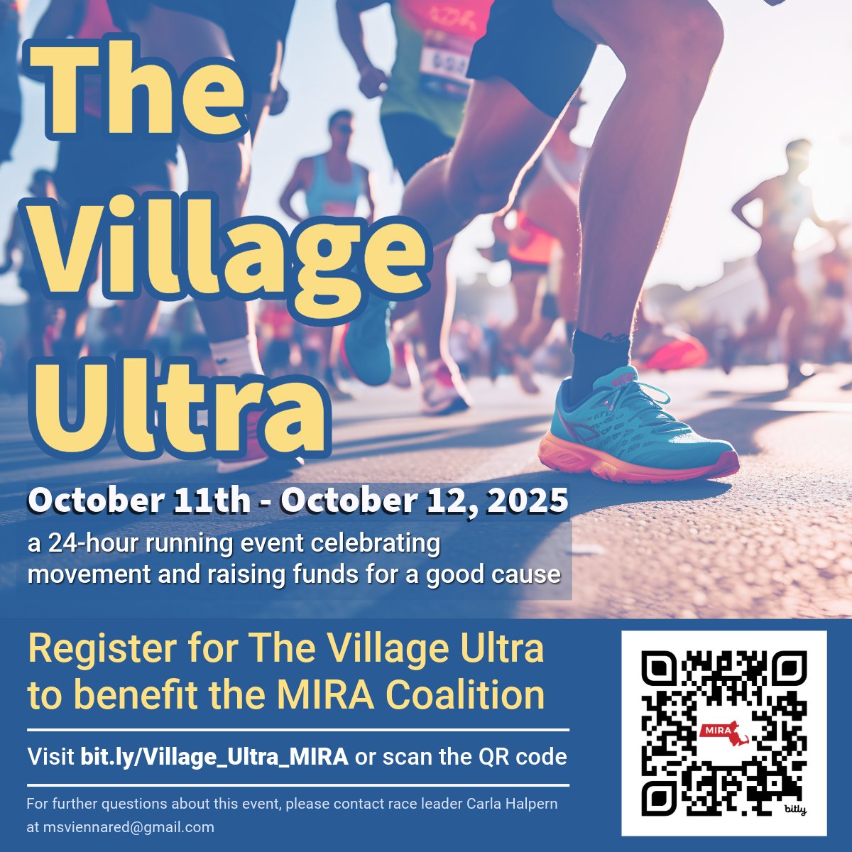 Register for The Village Ultra to benefit MIRA Coalition on October 11-October 12 at the New Salem Common in New Salem, MA! 

This annual 24-hr running event celebrates movement, getting outside, and raising funds for a good cause. 

Register  ➡️ bit.ly/Village_Ultra_…