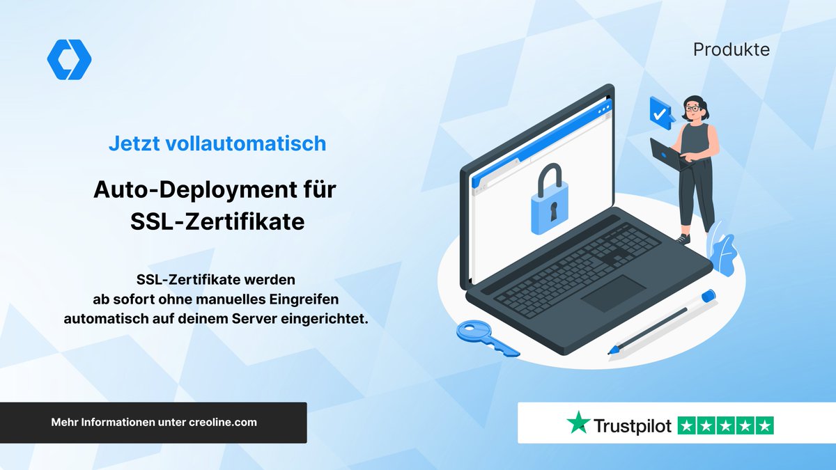 🔐 Auto-Deployment für SSL ist da!

Neue oder verlängerte Zertifikate landen jetzt vollautomatisch auf deinem Server, ganz ohne manuelle Installation.
✅ Unterstützt: NGINX, HaProxy &amp; Plesk

Jetzt mehr erfahren 👉 creol.ink/v91me

#creoline #Webhosting #SSL