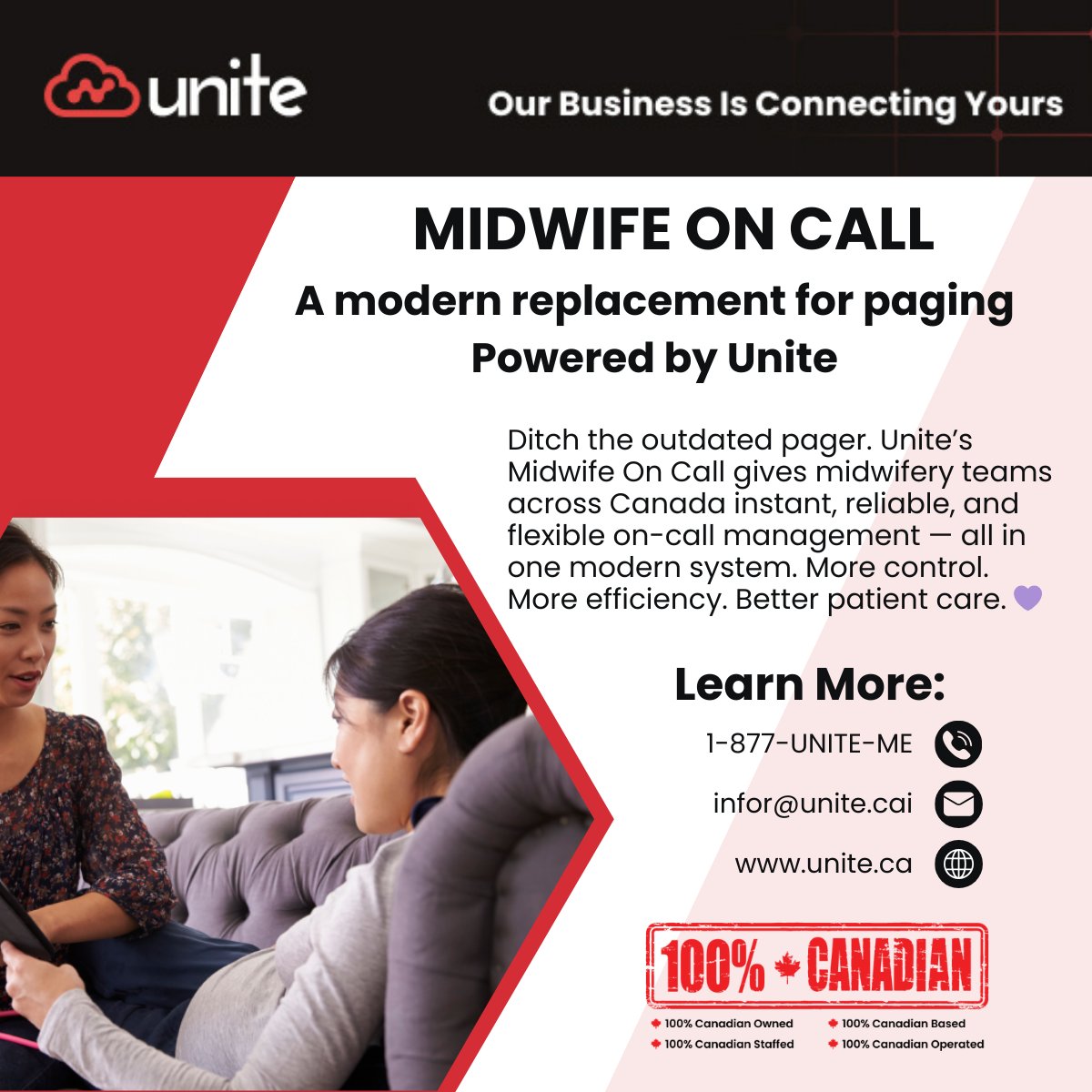UniteMe's tweet photo. Tired of juggling outdated paging systems? Unite’s Midwife On Call puts your on-call management in one modern, easy-to-use platform. Designed for midwifery teams across Canada, it’s instant, reliable, and flexible — so you can focus on what matters most: exceptional patient care. https://t.co/NBIfIYiiNo
