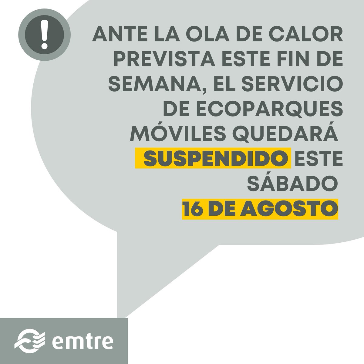 ⚠️ Ante la ola de calor prevista para este fin de semana, el servicio de ecoparques móviles quedará suspendido el sábado 16 de agosto. 📆 El lunes 18 de agosto se procederá a su apertura normal.

🗨️ La red de ecoparques fijos seguirá funcionando con normalidad.