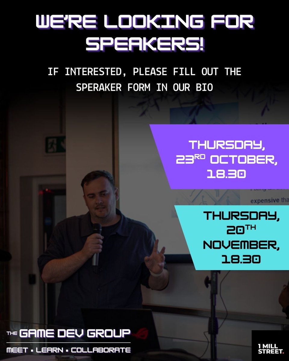 thegamedevgroup's tweet image. Are you a game developer who loves talking all things game dev and sharing your experience? We're looking for speakers for our October and November speaker events and would love to hear what you have to share.
Please fill out the Speaker Form in our Bio.