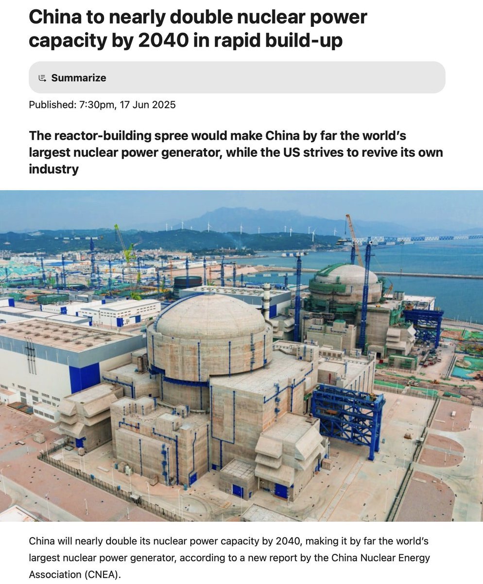 China is planning to double its nuclear capacity by 2040, targeting 200 GW.

For comparison, there are currently 413 reactors worldwide producing 371 GW, with 62 more under construction, 29 of those in China alone.

India currently operates 25 reactors generating 8.8 GW, with
