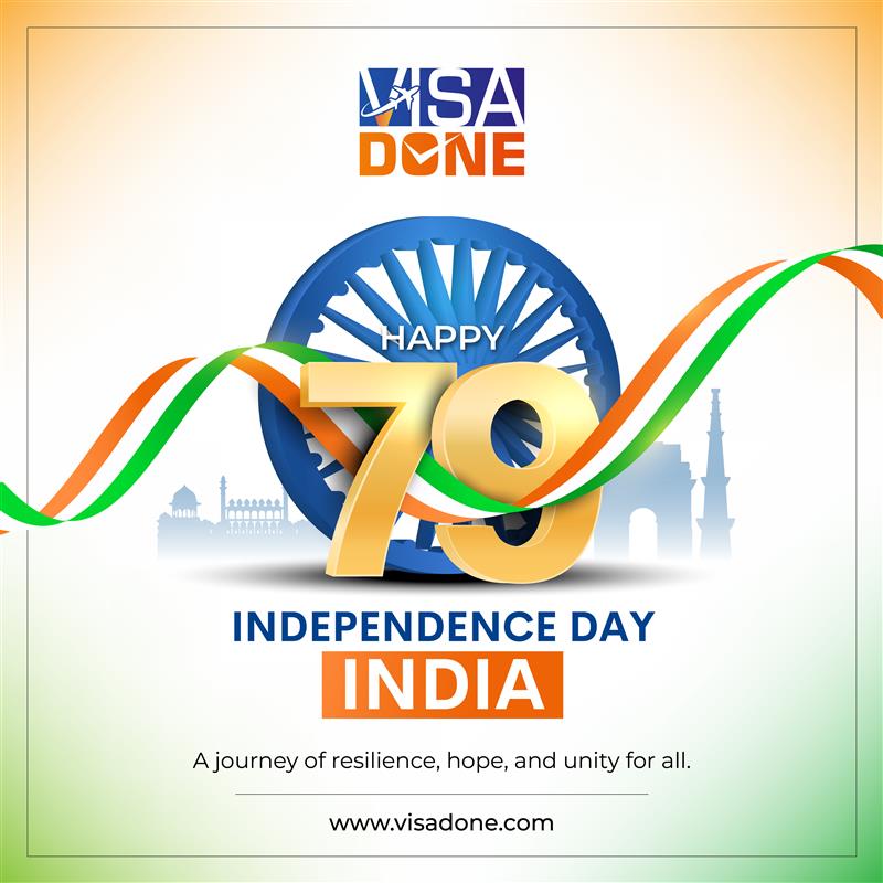 VisaDone's tweet photo. Independence Day 2025 marks 79 years of India’s freedom and resilience. This year, we celebrate with a renewed focus on unity, heritage, and inspiring the youth to carry forward the legacy of patriotism through creativity and pride. Together, we build a stronger, united India! https://t.co/SoHbQfVKtW