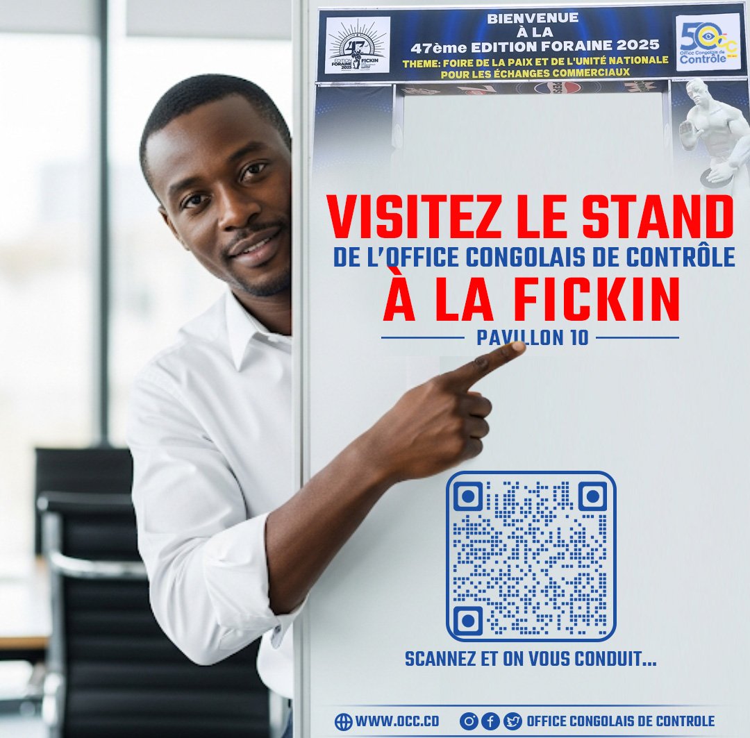 Découvrez l'engagement de l'Office Congolais de Contrôle pour la qualité !

Rendez-vous dans notre stand, FICKIN- Pavillon 10, pour échanger avec nos experts.

Scannez le QR code pour nous trouver facilement. Nous avons hâte de vous accueillir !

#FICKIN <a href="/VickyUshida/">USHA VI</a> <a href="/CMuabilu/">Christelle MUABILU</a>