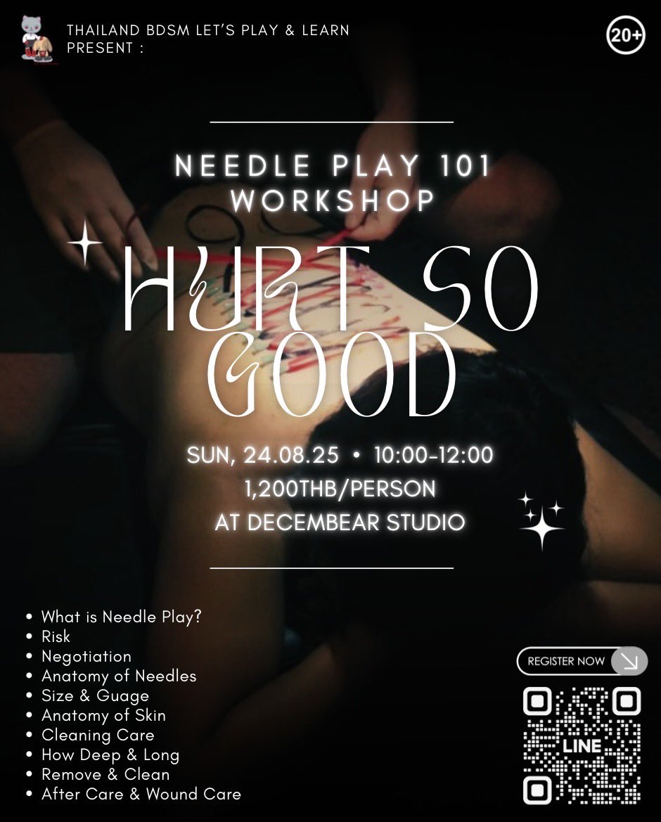 Hurt so Good: Needle Play Workshop 💉
Needle Play เป็นกิจกรรมในกลุ่ม BDSM Edge Play ซึ่งหมายถึงกิจกรรมที่มีความเสี่ยงสูงกว่ากิจกรรม BDSM ทั่วไป จึงจำเป็นต้องมีความรู้ ความเข้าใจ และการเตรียมตัวที่ถูกต้องเพื่อลดความเสี่ยงที่อาจเกิดขึ้น
ในบริบทของ BDSM, Needle Play