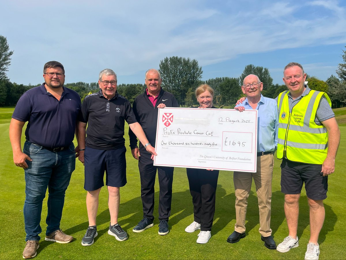 QubCancer's tweet photo. 🎉 Huge thanks to Wilbert &amp; Janet Gray &amp; the Antrim-Town Lions Club for raising an amazing £1,695 at a charity golf day at Hilton Templepatrick on 27 June! ⛳️
The funds will support #ProEx #ProstateCancerCentreofExcellence at @QUBelfast  &amp; help drive life-saving research and care https://t.co/CSip1AkJEX