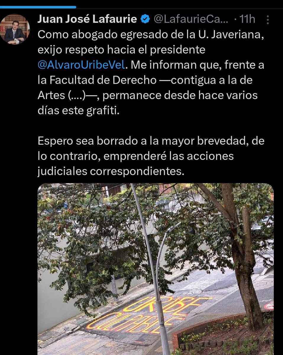 Le sugiero a la Javeriana que revisen como este sujeto se graduó porque esta divulgando en su red social sin pena que va a poner una acción judicial por un graffiti.

Se les caerá el valor de esas matrículas.