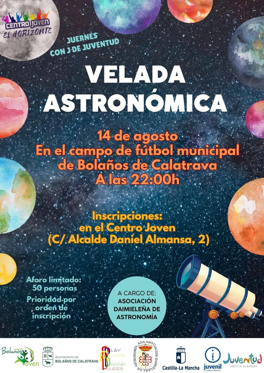 ¡Volvemos a Bolaños de Calatrava! 📷

El próximo 14 de Agosto os esperamos en el Campo de Fútbol Municipal para que disfrutéis de la pasión por la astronomía 📷 📷