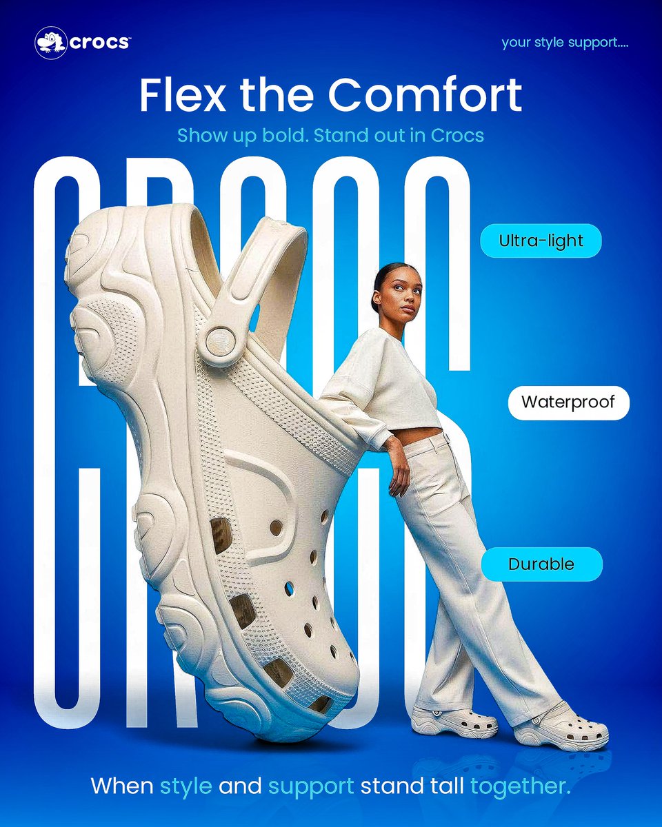 Harkinsgraphix's tweet image. My entry for the day 2 #Tarius5daysChallenge 
Creative ad poster for @Crocs
Comfort never looked this bold. Step into style. Step into Crocs #FlexTheComfort #CrocsStyle #StandOutInCrocs

Still lagging behind 🤧