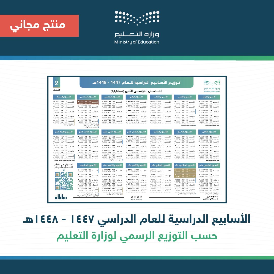 مثل ما وعدناكم 🤩
#توزيع_الأسابيع_الدراسية | 🚀

 الفصل الدراسي ( الأول + الثاني ) ١٤٤٧ – ١٤٤٨هـ 📆

جاهزة للطباعة بصيغة PDF 🖨️

🔹 لتحصل عليه في الخاص مجانًا :
1️⃣ متابع
2️⃣ أعد التغريدة
3️⃣ أكتب "توزيع" في الردود