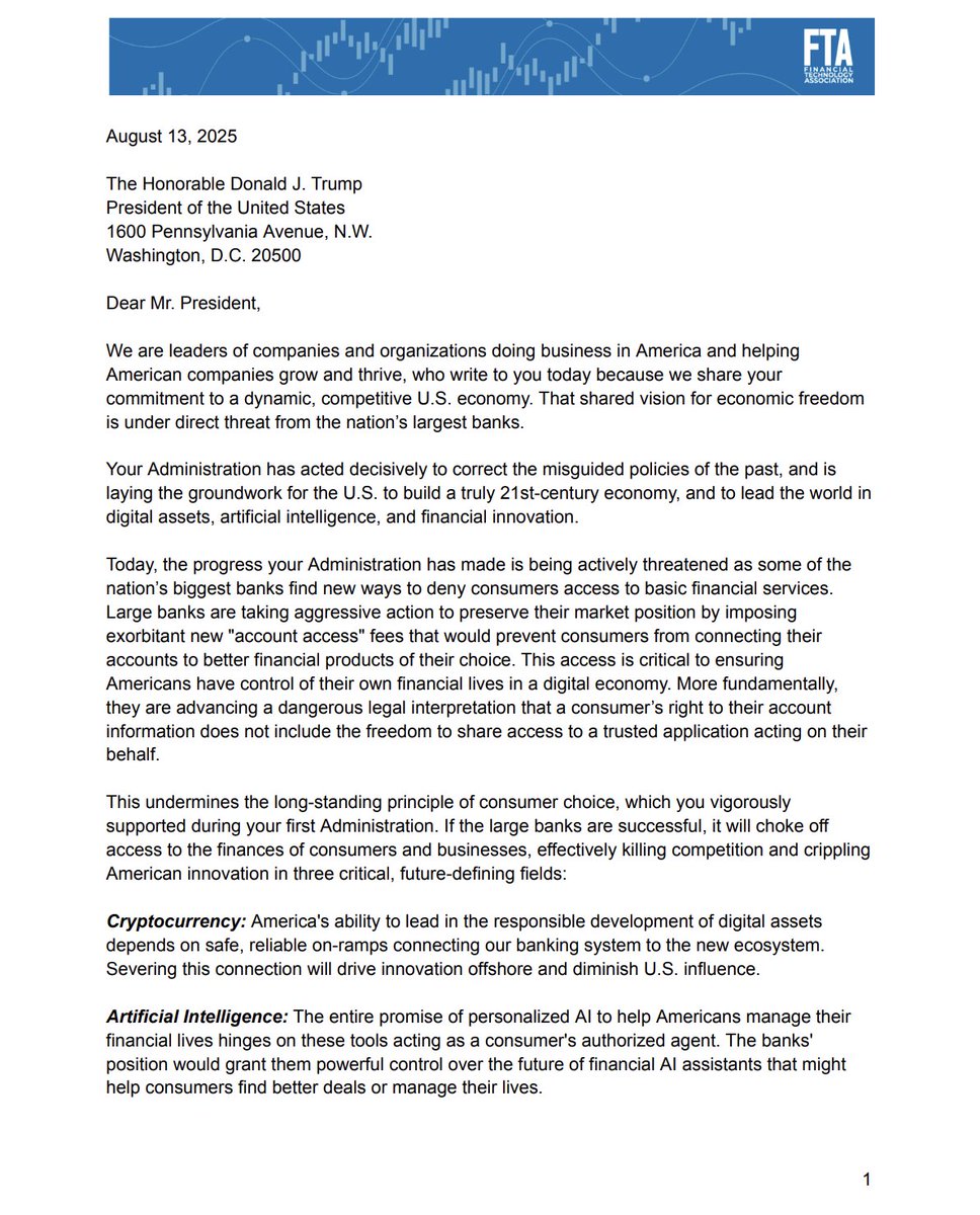 Page 1 of FTA letter to President Trump on open banking