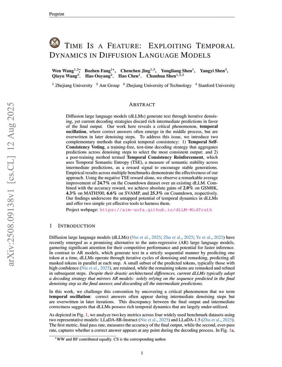 Time Is a Feature: Exploiting Temporal Dynamics in Diffusion Language Models

"Our work here reveals a critical phenomenon, temporal oscillation, where  correct answers often emerge in the middle process, but are overwritten  in later denoising steps. To address this issue, we