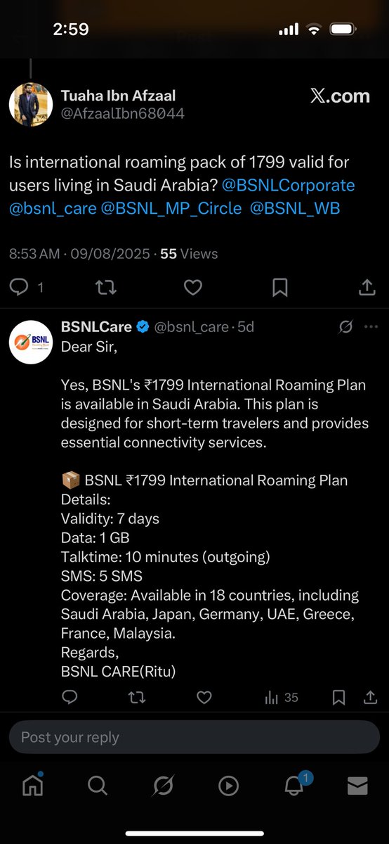 sohailmcdx's tweet photo. @BSNLCorporate @CMDBSNL @robertravi21 Your team on X says international roaming pack 1799 is available in Saudi, and your AGM Sales Team Kolkata says is not available in Saudi Arabia. I’ve been requesting to refund since 9th August, if you’re unable to provide service. https://t.co/JxZSRlLY6C https://t.co/gxRSB61Fqm