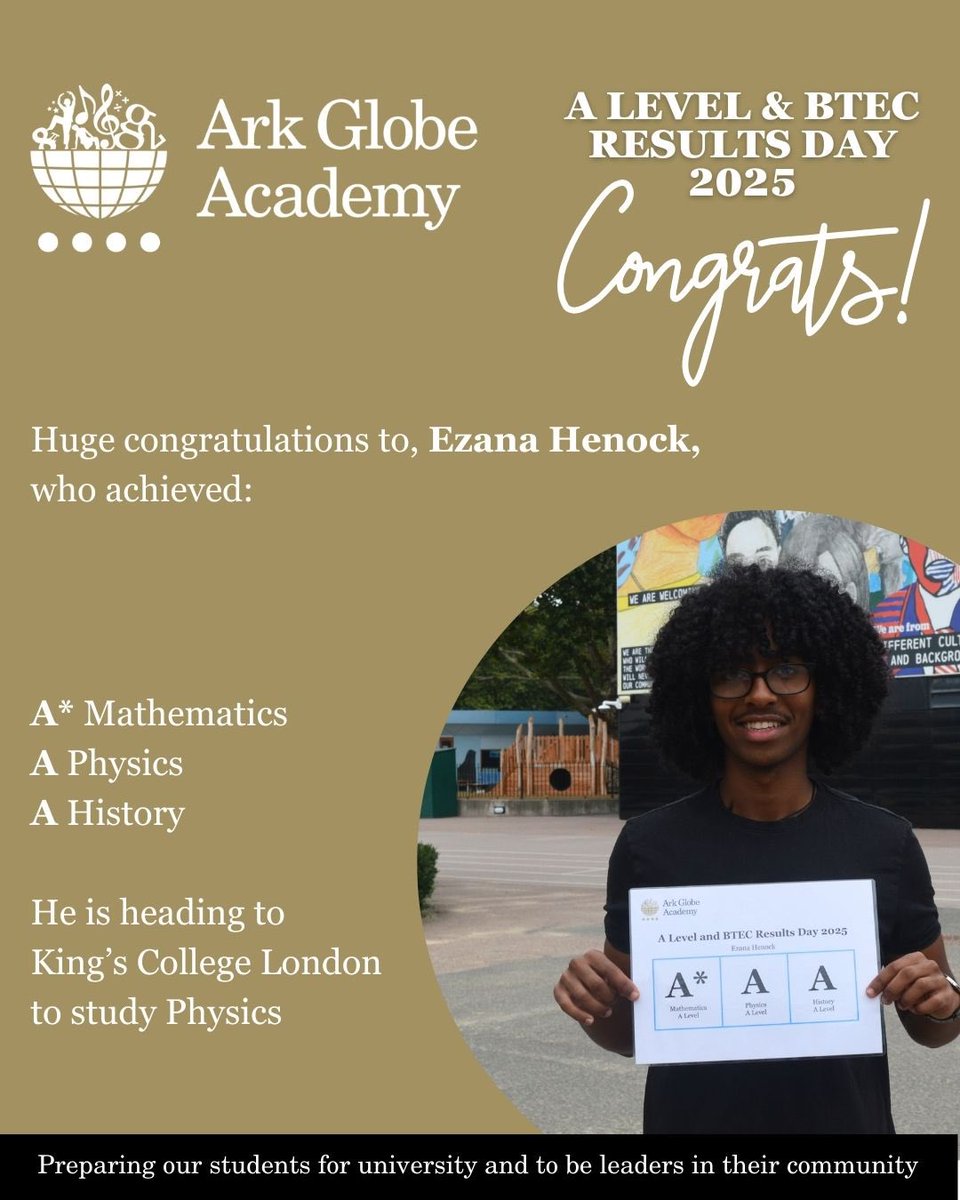 Ark Globe Academy (@arkglobeacademy) on Twitter photo Congratulations to Ezana who got A*, A, A and will be heading to <a href="/KingsCollegeLon/">King's College London</a> to study Physics
#ALevelResults2025 #ResultsDay #Physics
<a href="/ArkSchools/">Ark Schools & Ventures</a> <a href="/MattJones_Globe/">Matt Jones</a> Congratulations to Ezana who got A*, A, A and will be heading to <a href="/KingsCollegeLon/">King's College London</a> to study Physics
#ALevelResults2025 #ResultsDay #Physics
<a href="/ArkSchools/">Ark Schools & Ventures</a> <a href="/MattJones_Globe/">Matt Jones</a>