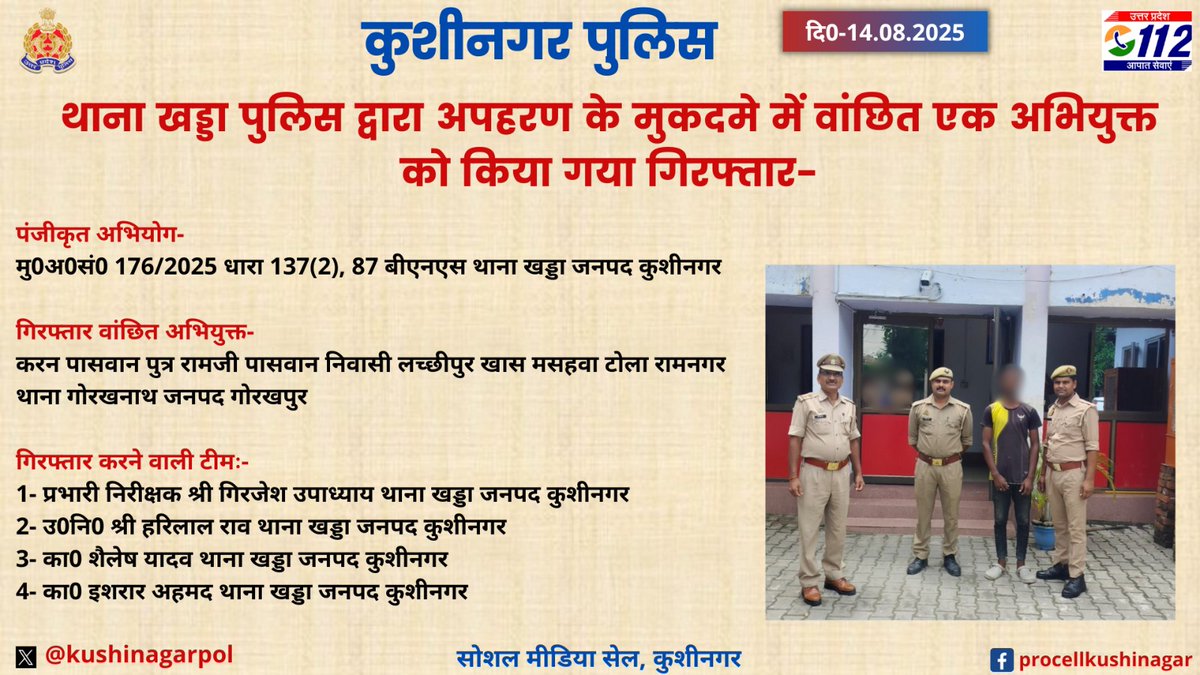 जनपद कुशीनगर के थाना खड्डा पुलिस द्वारा अपहरण के मुकदमे में वांछित एक अभियुक्त को किया गया गिरफ्तार- #UPPolice