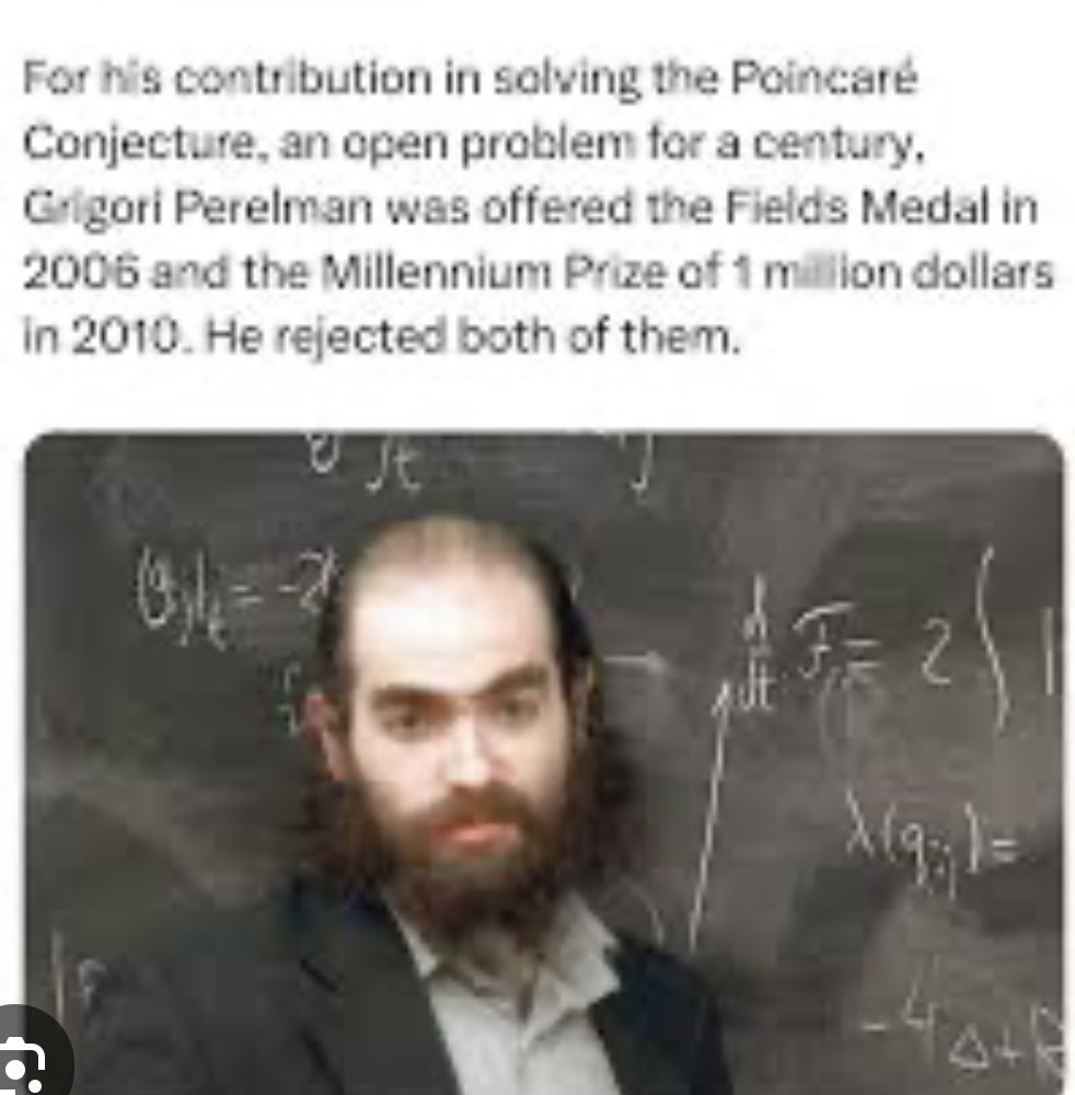 josette caruso (@josettecaruso) on Twitter photo <a href="/historyinmemes/">Historic Vids</a> Grigori Perelman, the brilliant Russian mathematician, indeed declined both the Fields Medal in 2006 and the Millennium Prize of $1 million in 2010 after solving the Poincarรฉ Conjecture. This open problem had baffled mathematicians for a century.
Reasons for declining these <a href="/historyinmemes/">Historic Vids</a> Grigori Perelman, the brilliant Russian mathematician, indeed declined both the Fields Medal in 2006 and the Millennium Prize of $1 million in 2010 after solving the Poincarรฉ Conjecture. This open problem had baffled mathematicians for a century.
Reasons for declining these