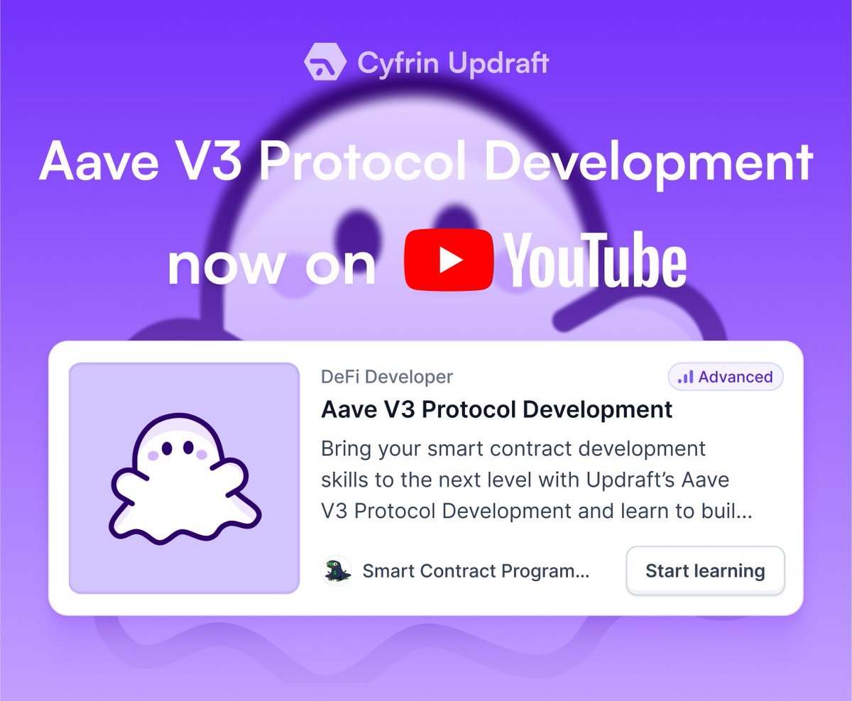 Cyfrin Updraft 🟩 (@cyfrinupdraft) on Twitter photo Updraft’s Aave V3 Protocol Development is now live on YouTube 🌟🚀
Step up your DeFi development skills with <a href="/ProgrammerSmart/">🐸Smart🐸Contract🐸Programmer🐸</a> as he teaches you how to build apps with Aave V3.
You’ll learn:
- Core functionality
- Reserves, tokens, liquidity
- Aave flash loans
And build a Updraft’s Aave V3 Protocol Development is now live on YouTube 🌟🚀
Step up your DeFi development skills with <a href="/ProgrammerSmart/">🐸Smart🐸Contract🐸Programmer🐸</a> as he teaches you how to build apps with Aave V3.
You’ll learn:
- Core functionality
- Reserves, tokens, liquidity
- Aave flash loans
And build a