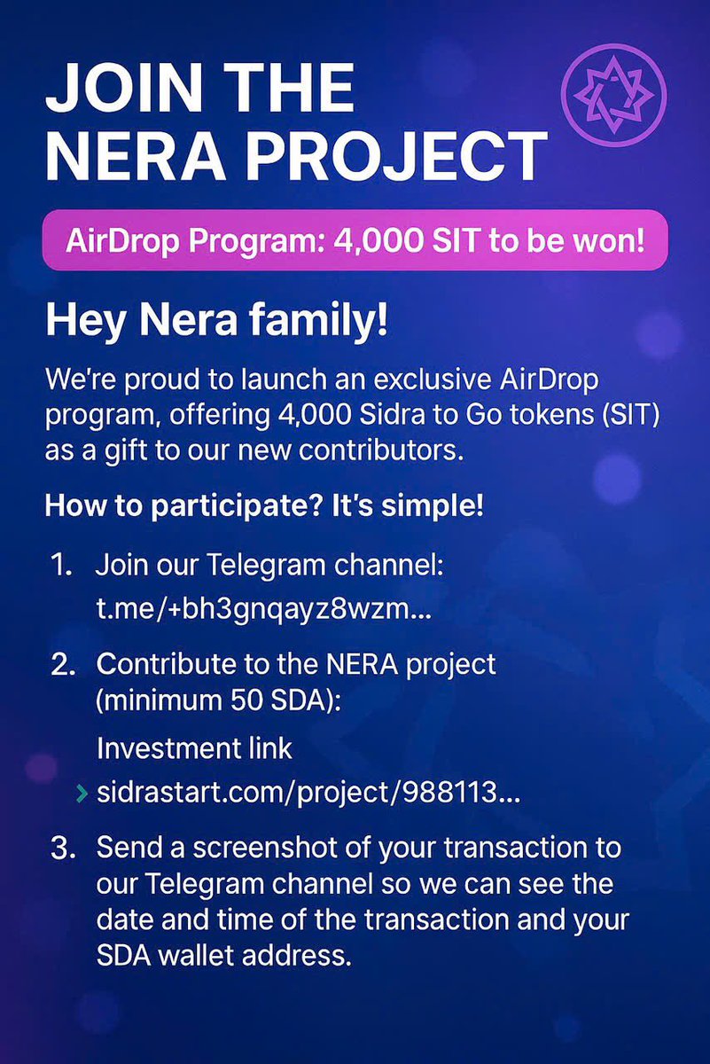 AltafHu04354071's tweet image. 🚀 NERA is redefining global trade!
From Africa to the Middle East, we’re merging transport, logistics &amp;amp; tech into one powerful ecosystem.
🎁 Join now, contribute 50 SDA, and claim your SIT AirDrop!

🔗 sidrastart.com/project/988113…
#NERA #SmartTrade #SidraChain