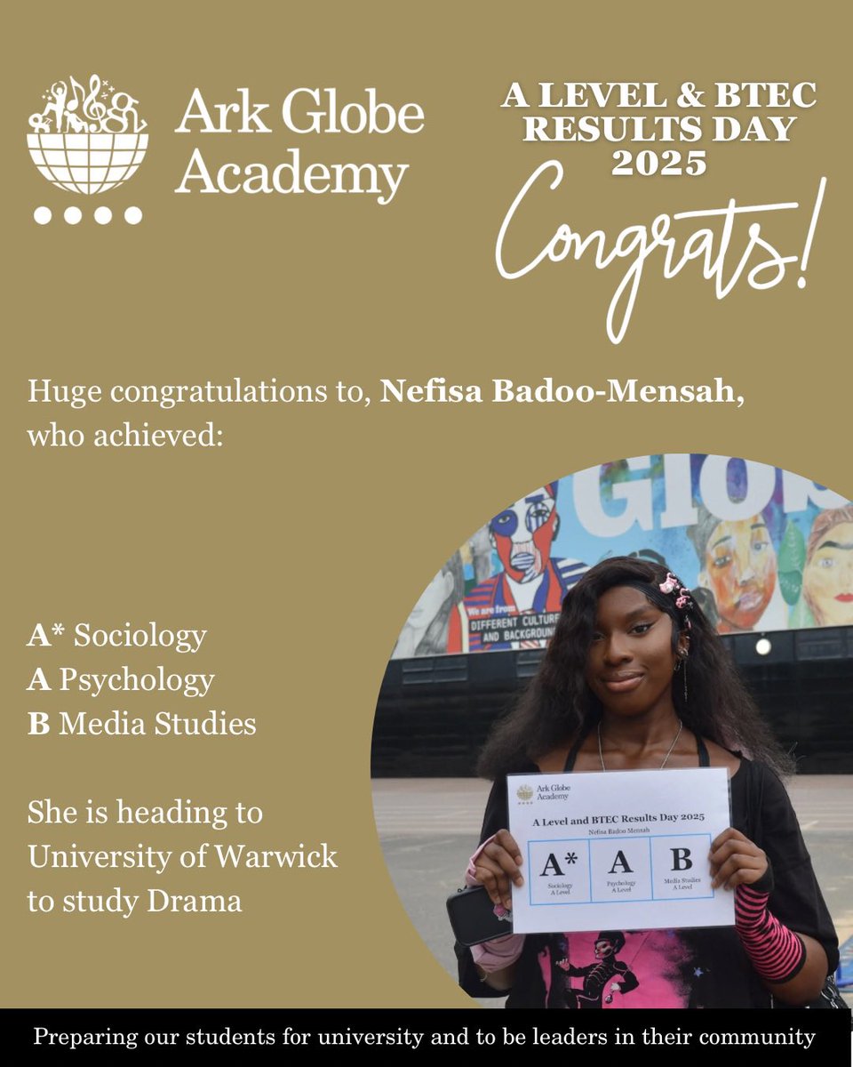 Ark Globe Academy (@arkglobeacademy) on Twitter photo Congratulations to Nefisa who got A*, A, B and will be studying Drama at <a href="/uniofwarwick/">University of Warwick</a>
#ALevelResultsDay2025 #ResultsDay
<a href="/ArkSchools/">Ark Schools & Ventures</a> <a href="/MattJones_Globe/">Matt Jones</a> Congratulations to Nefisa who got A*, A, B and will be studying Drama at <a href="/uniofwarwick/">University of Warwick</a>
#ALevelResultsDay2025 #ResultsDay
<a href="/ArkSchools/">Ark Schools & Ventures</a> <a href="/MattJones_Globe/">Matt Jones</a>
