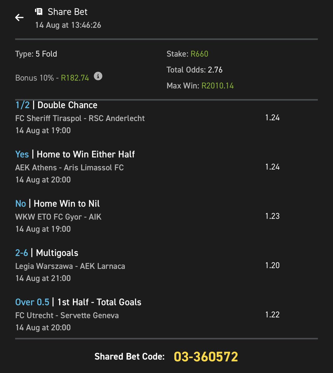 Europa League + Conference League, T1.⚽️🏟️

Kick off🕐: 19:00

Want guaranteed rewards every Saturday just for betting smarter?

🔁 Copy my betslip below👇🏾👇🏾

🎁 The more you bet, the bigger your reward!

📎 Betslip link: easybet.co.za/sports?bookedB…

🧾Betslip code: 360572

⚽️