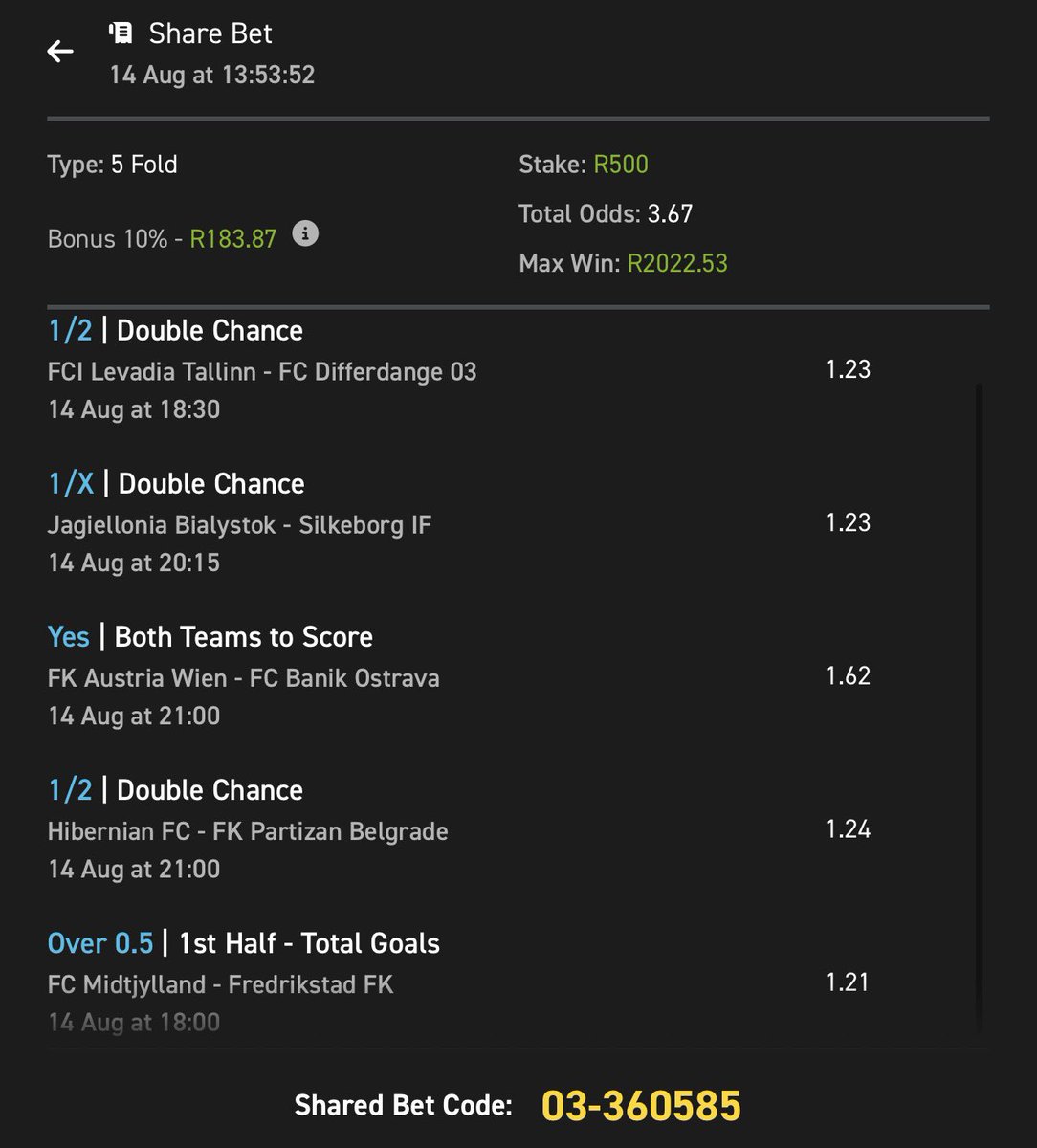 Thursday Night Football, T2.⚽️🏟️

Kick off🕐: 18:00

Want guaranteed rewards every week just for betting smarter?

🔁 Copy my betslip below👇🏾👇🏾

🎁 The more you bet, the bigger your reward!

📎 Betslip link: easybet.co.za/sports?bookedB…

🧾Betslip code: 360585

⚽️ Easybet has the best