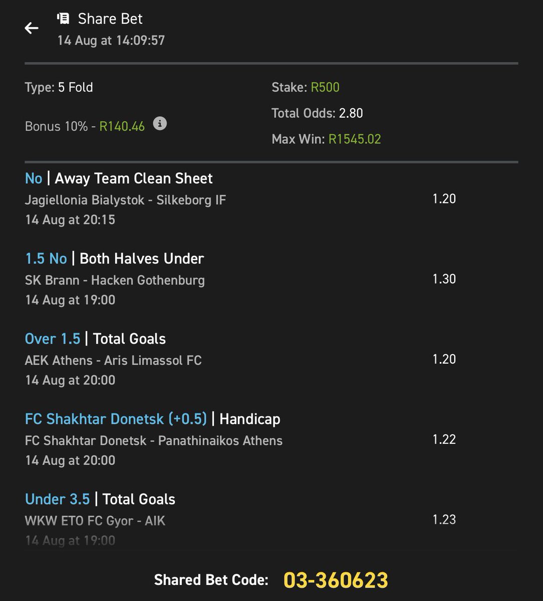 Europa League + Conference League, T3.⚽️🏟️

Kick off🕐: 19:00

Want guaranteed rewards every week just for betting smarter?

🔁 Copy my betslip below👇🏾👇🏾

🎁 The more you bet, the bigger your reward!

📎 Betslip link: easybet.co.za/sports?bookedB…

🧾Betslip code: 360623

⚽️ Easybet