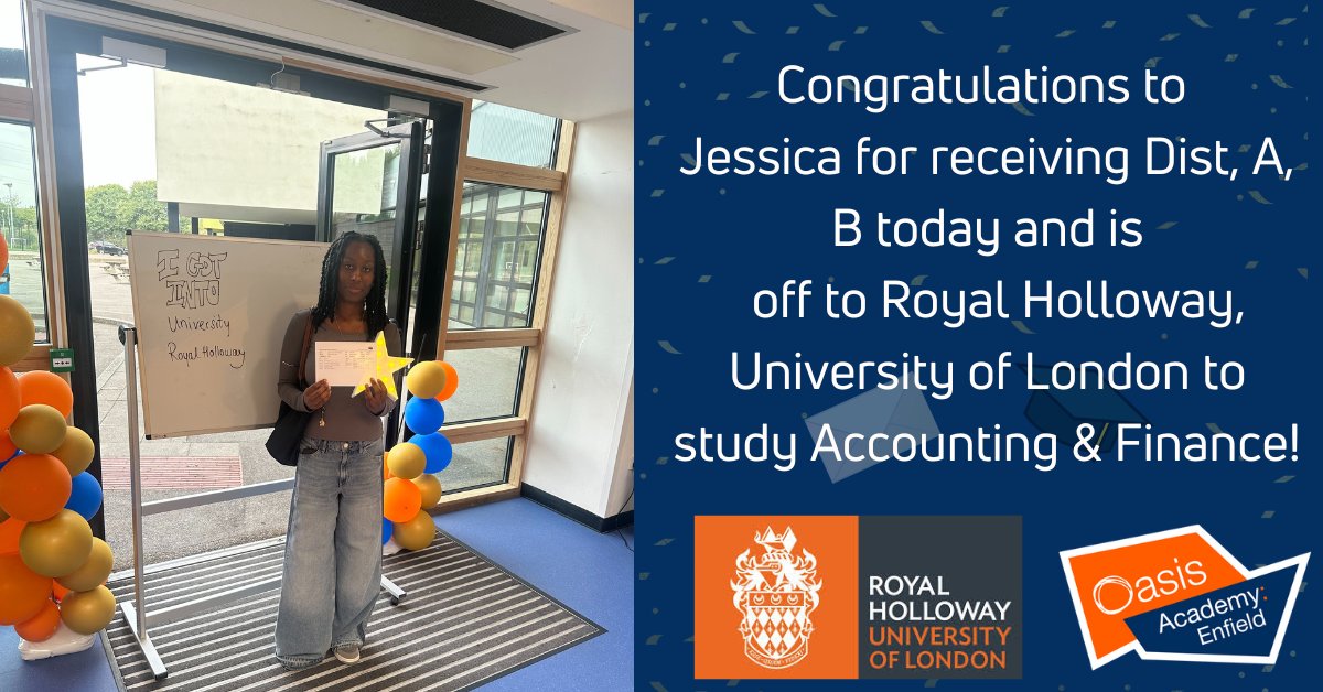 Oasis Academy Enfield (@oasisenfield) on Twitter photo Jessica joined the academy in Year 12 & hasn’t looked back, with a Distinction in Business, an A in Financial Studies & a B in Sociology, she’s off to <a href="/RoyalHolloway/">Royal Holloway</a> to study Accounting & Finance. Huge congratulations! 🎉 <a href="/OasisAcademies/">Oasis Academies</a> <a href="/EnfieldDispatch/">Enfield Dispatch</a> #OCLResults2025 Congrats! Jessica joined the academy in Year 12 & hasn’t looked back, with a Distinction in Business, an A in Financial Studies & a B in Sociology, she’s off to <a href="/RoyalHolloway/">Royal Holloway</a> to study Accounting & Finance. Huge congratulations! 🎉 <a href="/OasisAcademies/">Oasis Academies</a> <a href="/EnfieldDispatch/">Enfield Dispatch</a> #OCLResults2025 Congrats!