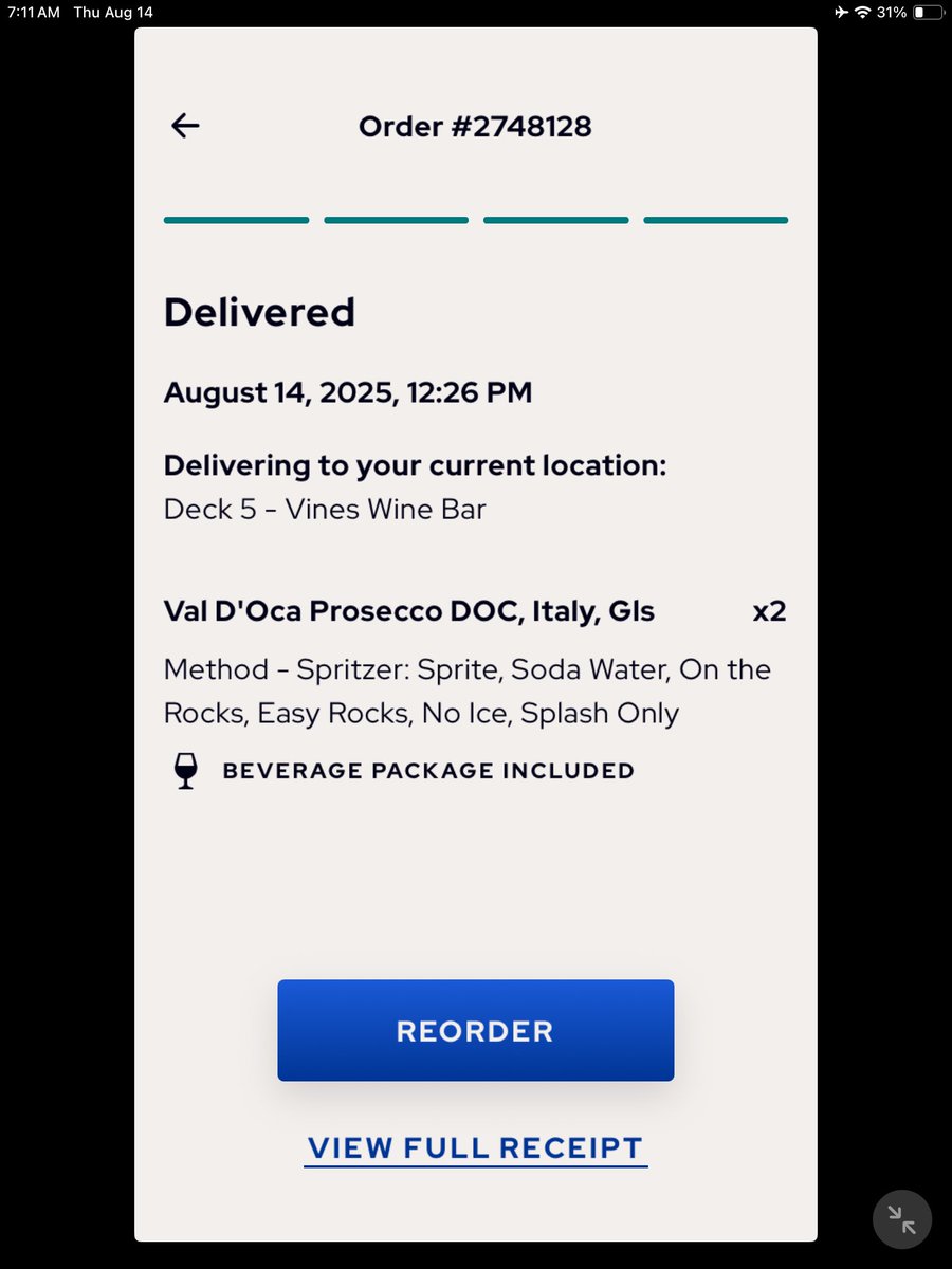 TrepidTravelers's tweet photo. Real time suggestion @PrincessCruises — this screen needs a button that says “Order Not Received.”  This has happened several times. App says delivered, but order never shows up. https://t.co/D6avAGf5mi