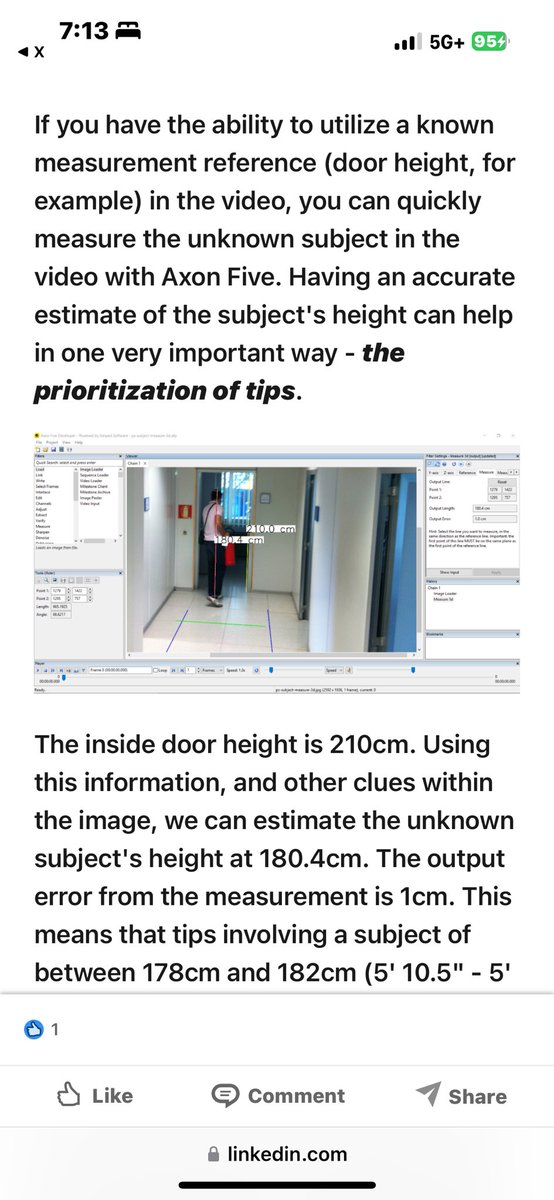 enchantedphotod's tweet image. According to Andrea Burkhart’s notes in court testimony was the state used Axon 5 software. It could approximate Bridge Guy’s height using surrounding objects starting in 2016. Jaime Hoerricks, a phd, detailed the process on linked in - screenshots attached.
