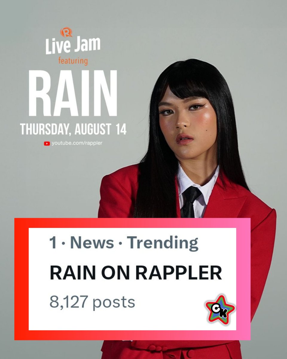 As of 8:05 P.M. ay top trending pa rin sa X/Twitter ang "RAIN ON RAPPLER". 
Love na love talaga ng netizens si <a href="/rainraincelmar/">RAIN ★</a> 💙💚❤️

Admin Two