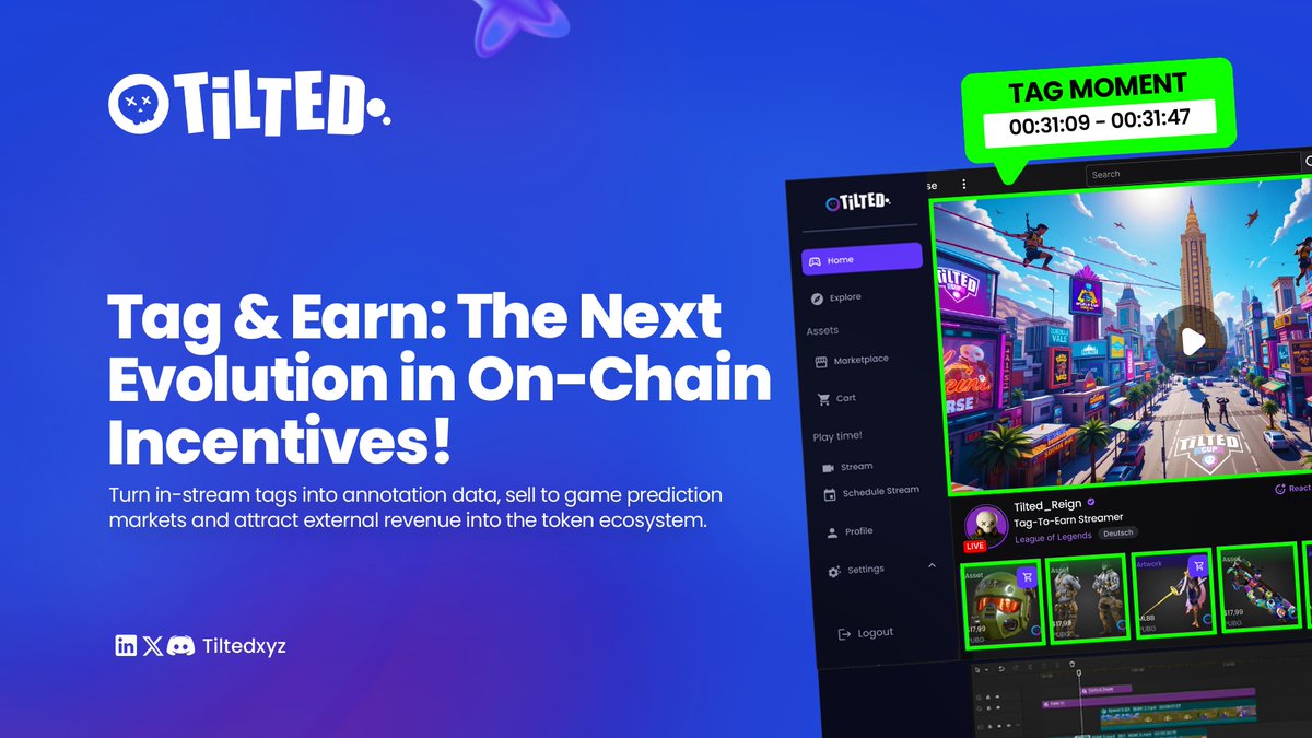 I’m thrilled to share Tag &amp; Earn—<a href="/tiltedxyz/">Tilted</a> 's answer to Play-to-Earn’s shortcomings! 

Users earn $TLT by tagging epic livestream moments like game-winning plays or clutch moves, generating valuable data for AI, esports markets. 

Unlike P2E’s speculative model, Tag &amp; Earn