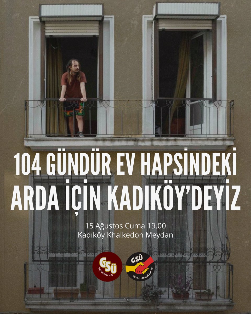 Galatasaray Üniversitesi bileşenleri olarak çağrımızdır: 

30 Nisan’dan beri Cumhurbaşkanına hakaret suçlaması ile ev hapsinde olan sıra arkadaşımız Arda’nın sesini duyurmak için yarın saat 19.00’da Kadıköy Khalkedon Meydan’da buluşuyoruz!
#ArdayaOzgurluk #OgrencilereOzgurluk