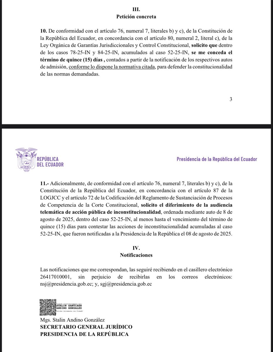 #Política | Desde la presidencia de la república 🇪🇨 solicitan a la Corte Constitucional diferir la audiencia para tratar las demandas de inconstitucionalidad a la Ley de Integridad Pública.