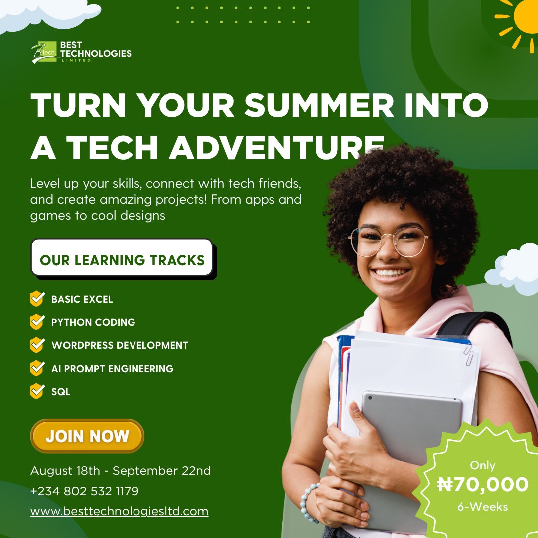 besttech_ltd's tweet image. 🚀 Level up your summer!
6 weeks → 5 in-demand skills:
✅ Excel
✅ Python
✅ WordPress
✅ AI Prompt Engineering
✅ SQL
📅 Aug 18 – Sept 22 | ₦70k | Ibadan
Sign up: forms.gle/fAu9LttipSuR3o…
#SummerBootcamp #TechSkills #BestTechnologies