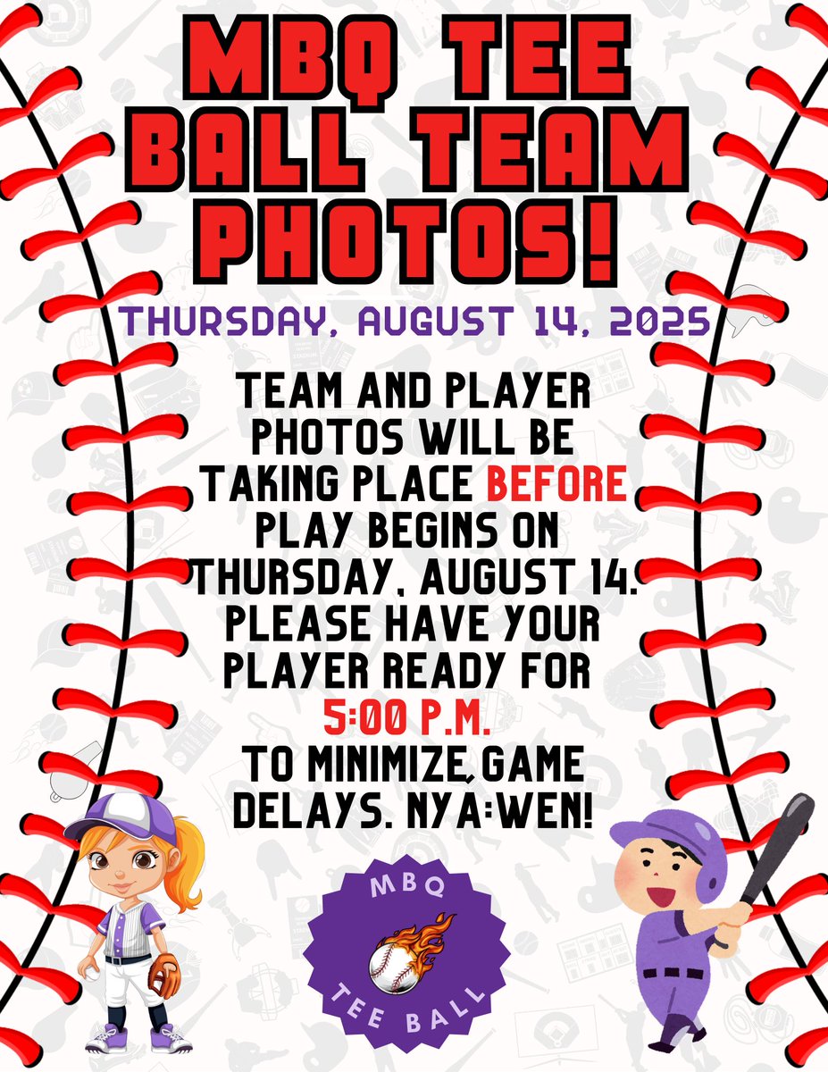 If you missed MBQ Tee Ball photos last week, please arrive at the ball diamonds for 5 p.m. to minimize delays to this evening's games! Nyá:wen!