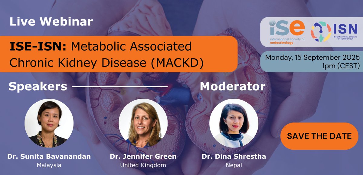isendo's tweet photo. 📅The next #ISEEducation webinar: Metabolic Associated Chronic Kidney Disease (#MACKD) in partnership with @ISNkidneycare will take place on 15 September 2025 at 1pm (CEST).
Featuring expert speakers:
🗣 Dr. Sunita Bavanandan
🗣 Dr. Jennifer Green
👤Moderator: Dr. Dina Shrestha https://t.co/uA8AGA5w1u