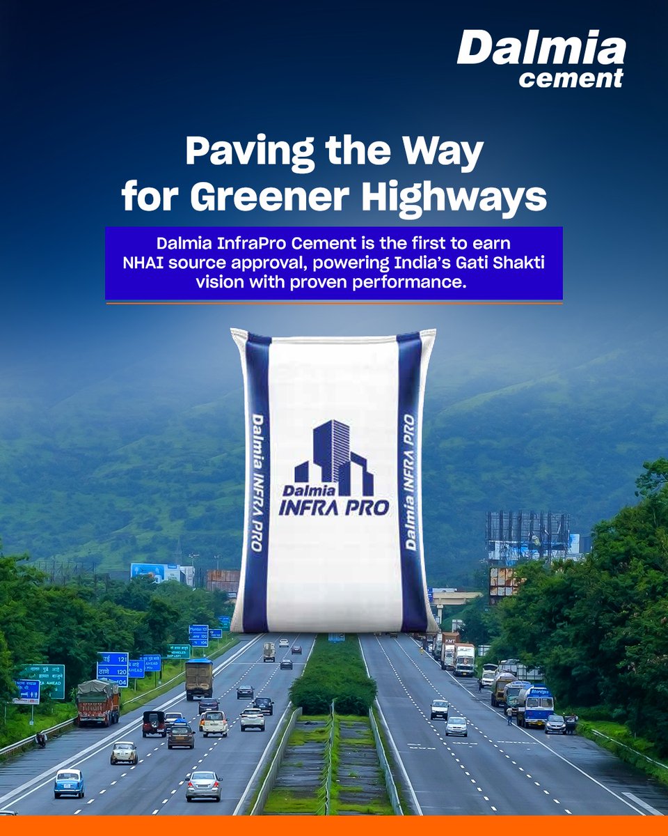 MyDalmiaCement's tweet photo. Dalmia Blended Cement proudly holds NHAI source approval—earned through rigorous concrete trials & a commitment to lower emissions. Built for endurance, trusted for India’s highways. Infrastructure with integrity.
#DalmiaCement #RCFExpert #RCFStrongTohGharStrong https://t.co/1FO2lGhVzd