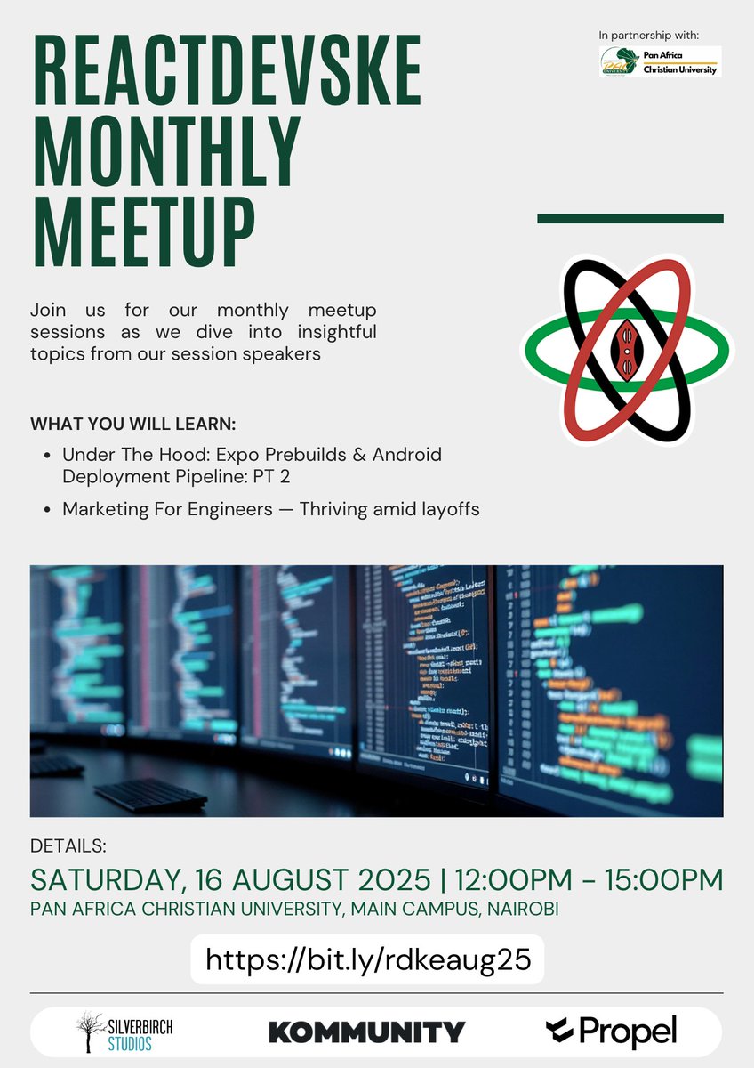 reactdevske's tweet image. Join us this Saturday for our community meetup @PACUniversityKE

The sessions for the day include part 2 of uncovering React native Expo prebuilds and how to thrive as a software developer amid layoffs season. 

RSVP on the post below. See you there!

#reactdevske #reactjskenya…