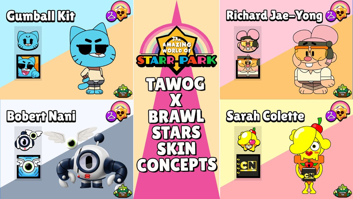 tapmobgameplay's tweet photo. TAWOG x Brawl Stars Skin Concepts!
Artist: @taurtle123
Please visit this video for more:
๐๐๐
https://t.co/FxUafCZU1Z
#BrawlStars
#CollabSkins
#StarrPark https://t.co/NhWz5nAuTT