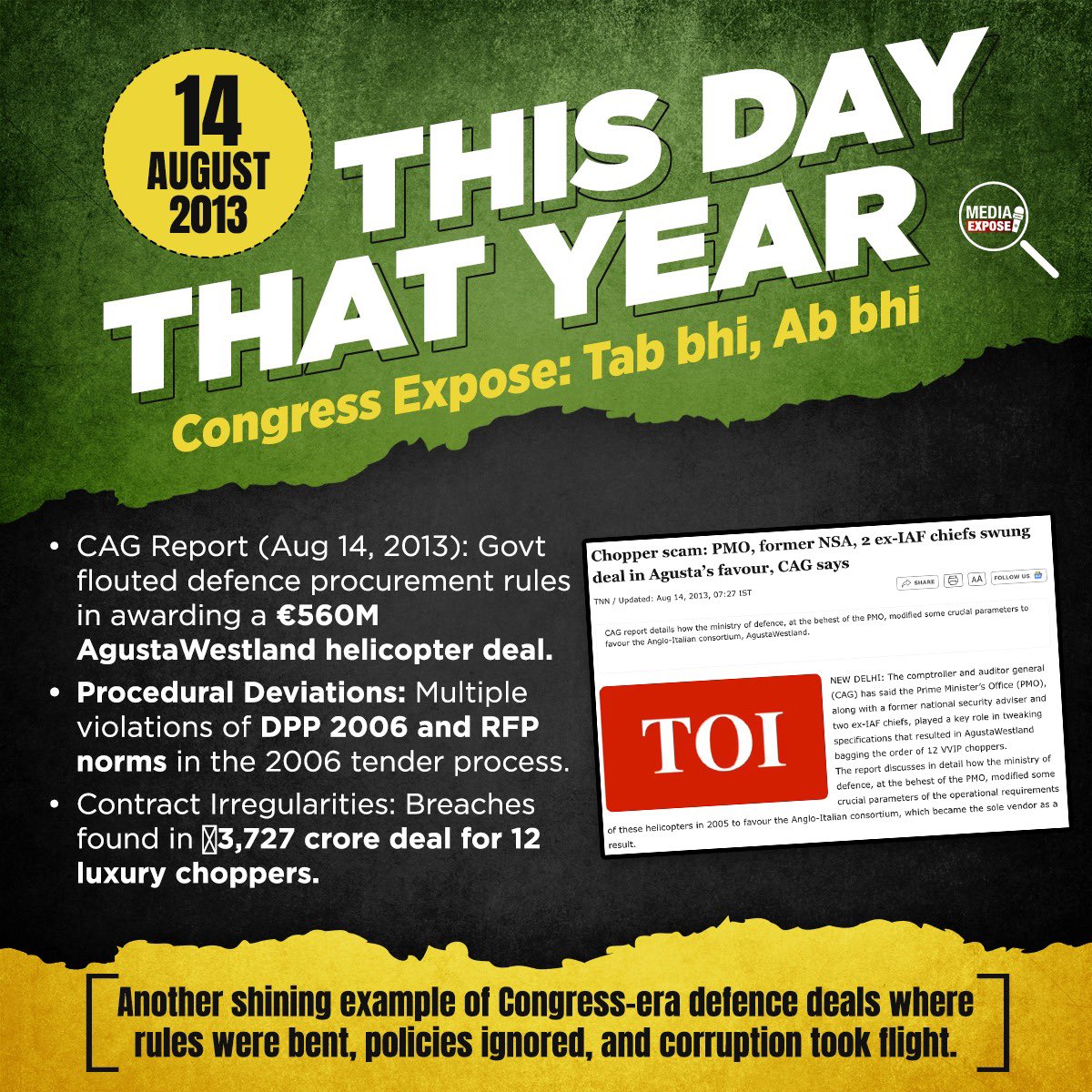 MediaExpose_'s tweet photo. #CongressExpose | 14 August 2013
CAG report exposed yet another Congress scam — €560M AgustaWestland helicopter deal riddled with rule violations, procedural breaches, and irregularities in a ₹3,727 crore contract for 12 luxury choppers.
Corrupt then, corrupt now.
#ThisDayThatYear