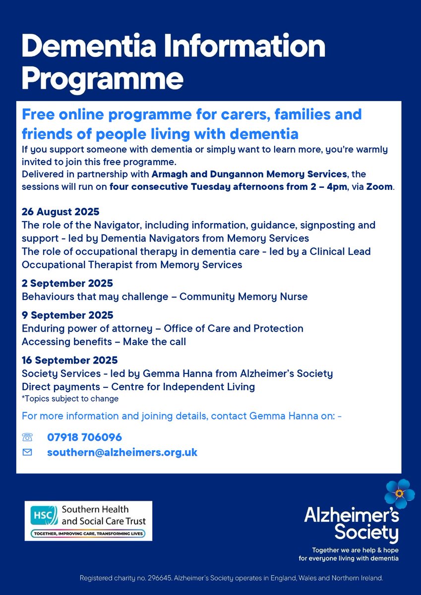 Adrian Friel (@adrian_friel02) on Twitter photo Our new dementia information programme starts on the 26 August contact southern@alzheimers.org.uk to register to attend. These sessions are free and carers find the information and support gained invaluable.<a href="/AlzSocNI/">Alzheimer’s Society Northern Ireland</a> <a href="/SouthernHSCT/">Southern Trust</a> Our new dementia information programme starts on the 26 August contact southern@alzheimers.org.uk to register to attend. These sessions are free and carers find the information and support gained invaluable.<a href="/AlzSocNI/">Alzheimer’s Society Northern Ireland</a> <a href="/SouthernHSCT/">Southern Trust</a>