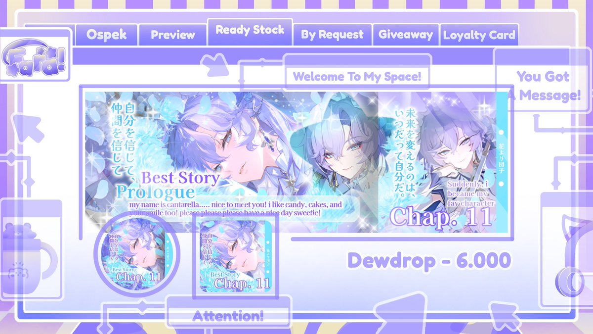[ help repost -? ] ﹕ thanks a lot! 

˙ . ꒷ 🌷 . 𖦹˙—  helloO ᵎᵎ  aku ada layout ready stock cyrene, hysilens &amp; cantarella art baru .  ‹ price  on pict ›  bisa langsung ditake lewat dm sekarang! ― 🍬 𖹭 payment via qris. mari jajann ‹3

♡ 🪅 ─── ꒰ #zonauang ꒱