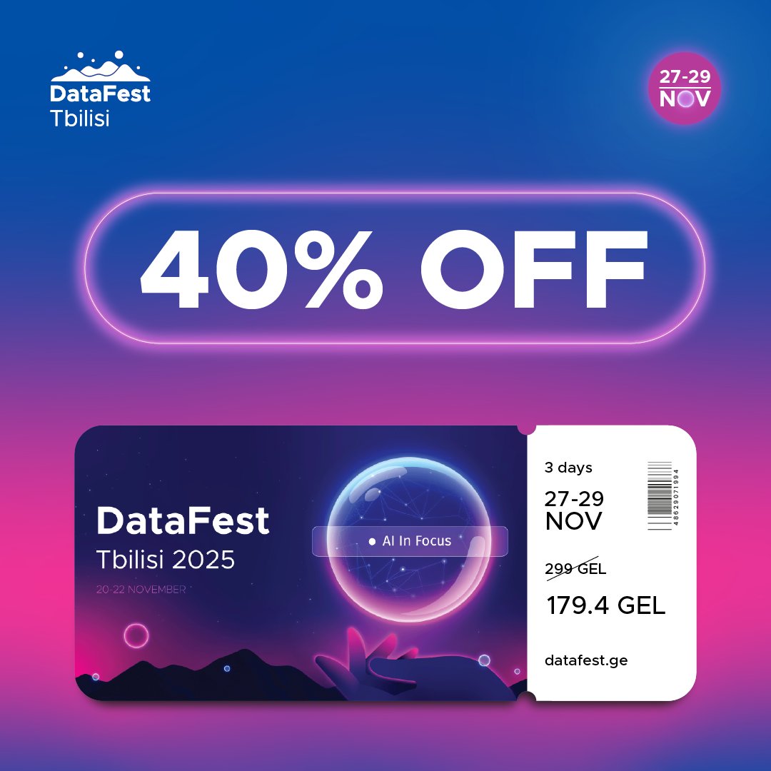 Missed the 60% deal? Don’t miss this one. 40% OFF  Full Pass tickets for a limited time!

🟣 Grab yours datafest.ge/event/
🟣 Subscribe to our newsletter to receive the discount: bit.ly/subscribe-data…