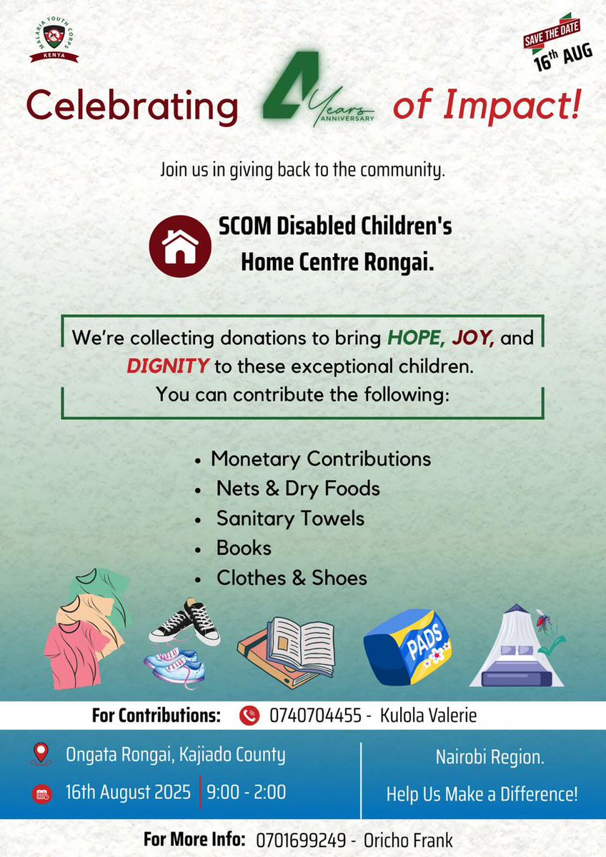 Pascal Wambua (@pascalwambua1) on Twitter photo Form ya Saturday ni Rongai pale SCOM Disabled Children's Center
See you
<a href="/MalariaYouthKE/">Kenya Malaria Youth Corps</a>
<a href="/malarianomoreuk/">Malaria No More UK</a>
<a href="/ALMA_2030/">African Leaders Malaria Alliance (ALMA)</a>
<a href="/PACJA1/">PACJA</a>
<a href="/UnescoYouthKe/">UNESCO Youth Forum Kenya</a>
<a href="/Imara_Africa/">Imara Fellowship</a> Form ya Saturday ni Rongai pale SCOM Disabled Children's Center
See you
<a href="/MalariaYouthKE/">Kenya Malaria Youth Corps</a>
<a href="/malarianomoreuk/">Malaria No More UK</a>
<a href="/ALMA_2030/">African Leaders Malaria Alliance (ALMA)</a>
<a href="/PACJA1/">PACJA</a>
<a href="/UnescoYouthKe/">UNESCO Youth Forum Kenya</a>
<a href="/Imara_Africa/">Imara Fellowship</a>