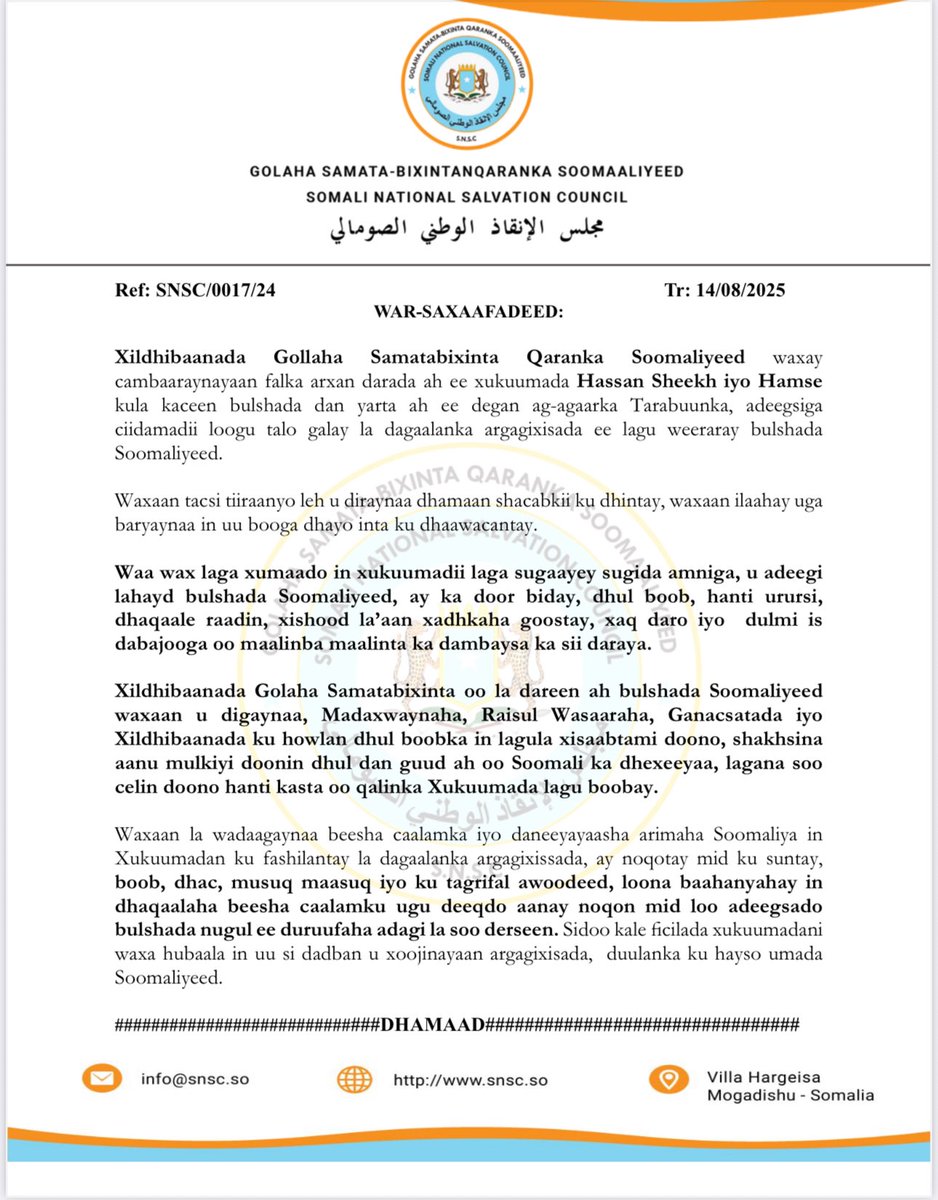 WAR-SAXAAFADEED

Xildhibanada Gollaha Samatabixinta Qaranka Soomaliyed waxay cambaraynayaan falka arxan darada ah ee xukuumada Hassan Shikh iyo Hamse kula kacen bulshada dan yarta ah ee degan Tarabuunka, adegsiga ciidamadi logu talagaley cadowga in laguweraray bulshada Soomaliyed