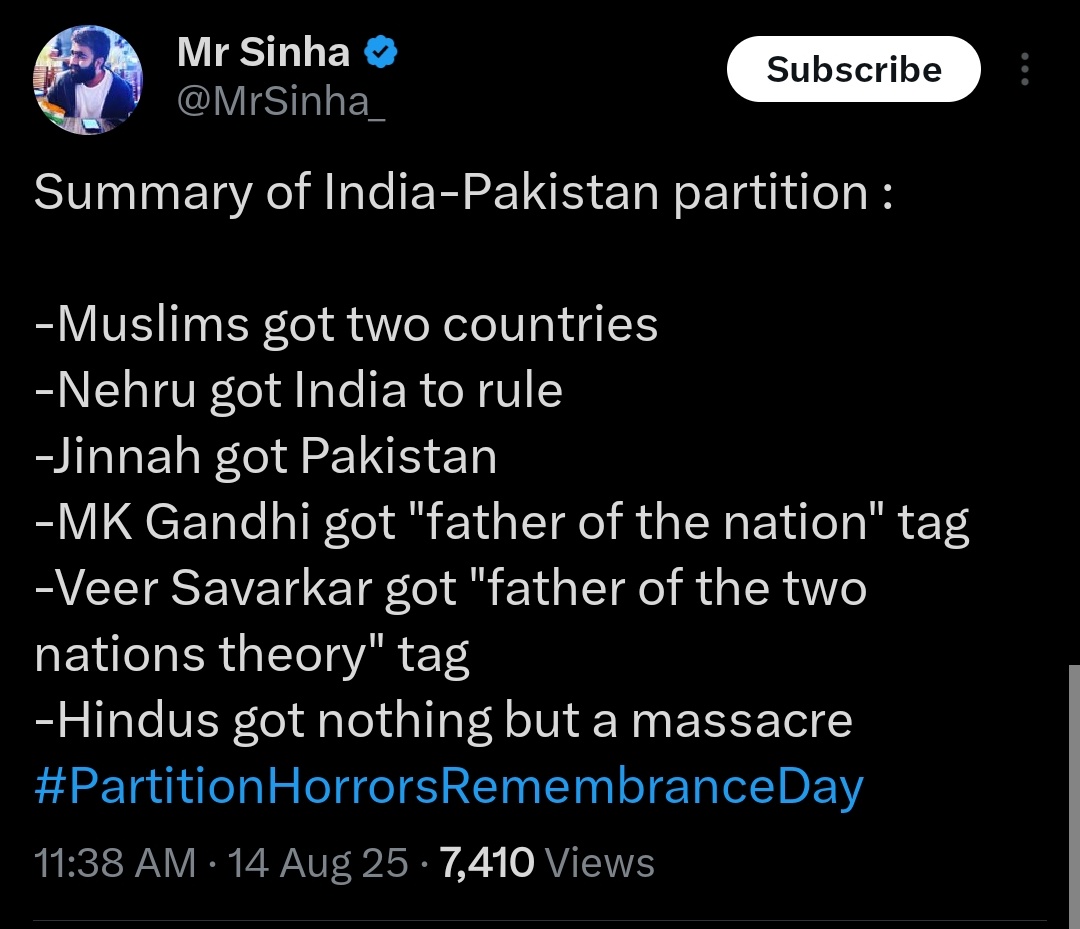 Around 2-2.5 lac muslims were k*lled during partition 

Around 2-2.5 lac Hindus &amp; Sikhs were k*lled during partition 

Gandhi, Nehru, Patel, Bose, etc fought against the British, thus got respect.

While, RSS &amp; Savarkar, supported British, latter got pension, thus called Gaddar.