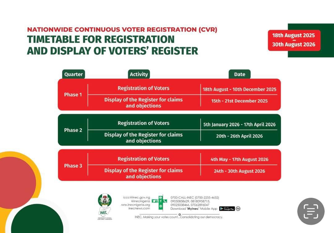 Please be ready for INEC voter registration 

This is the timetable below. 

We will also assist with the process.